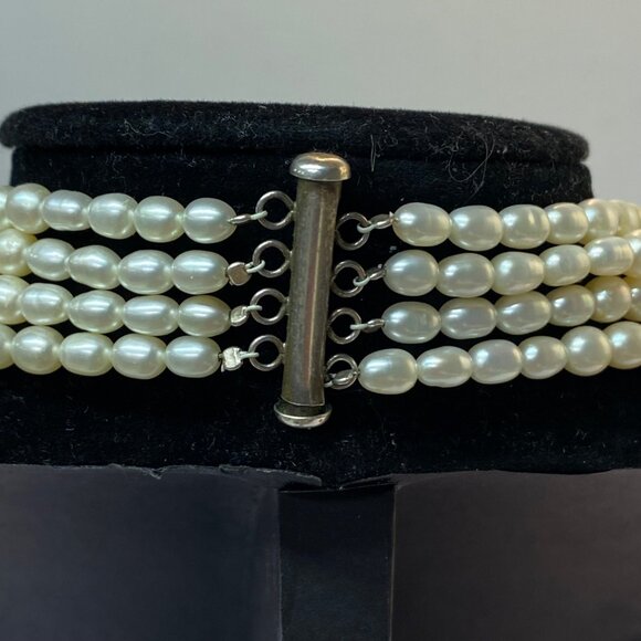 Vintage 4 Strand Pearl Necklace Layered Collar Bib Choker Sterling Silver Clasp - Picture 6 of 10
